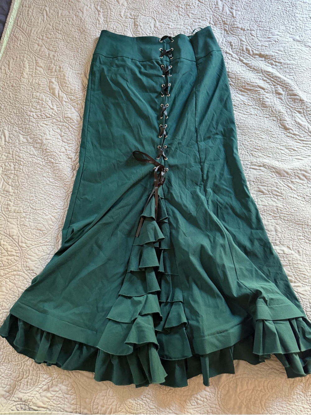 Belle Poque Green Victorian Ruffled Lace-Up Maxi Skirt- alt, goth,